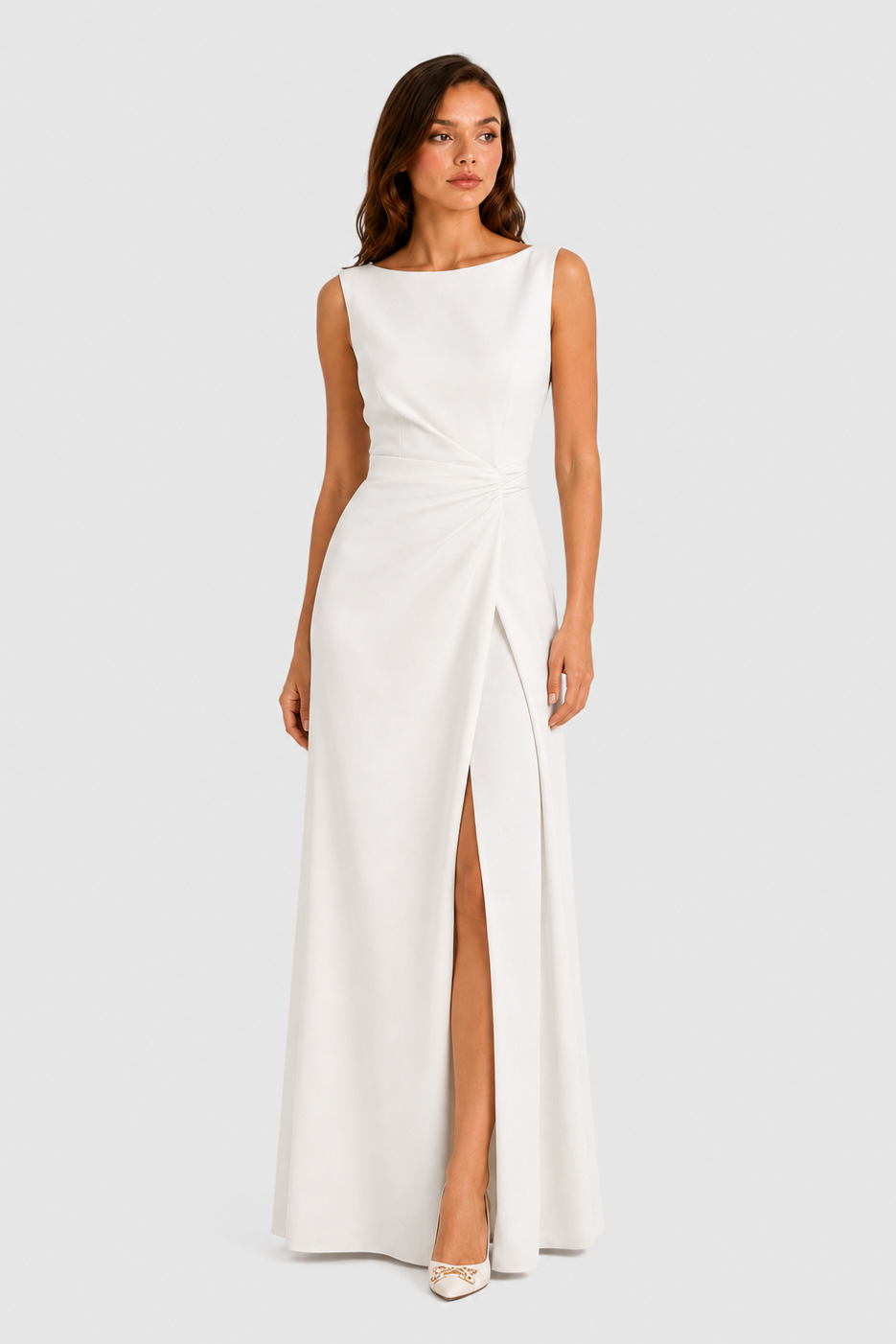 Women’s sleeveless maxi dress with boat neckline, draped waist detail, and wrap-style front panel