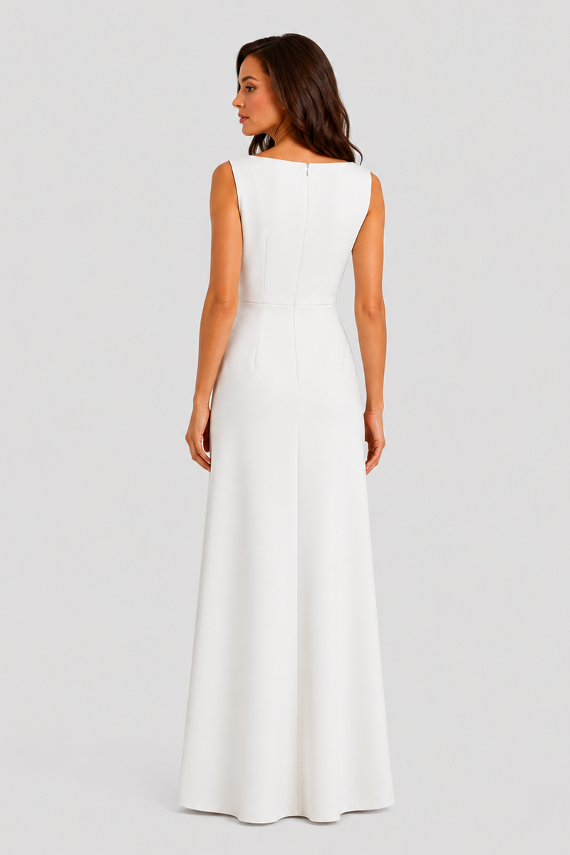 Women’s sleeveless maxi dress with boat neckline, draped waist detail, and wrap-style front panel
