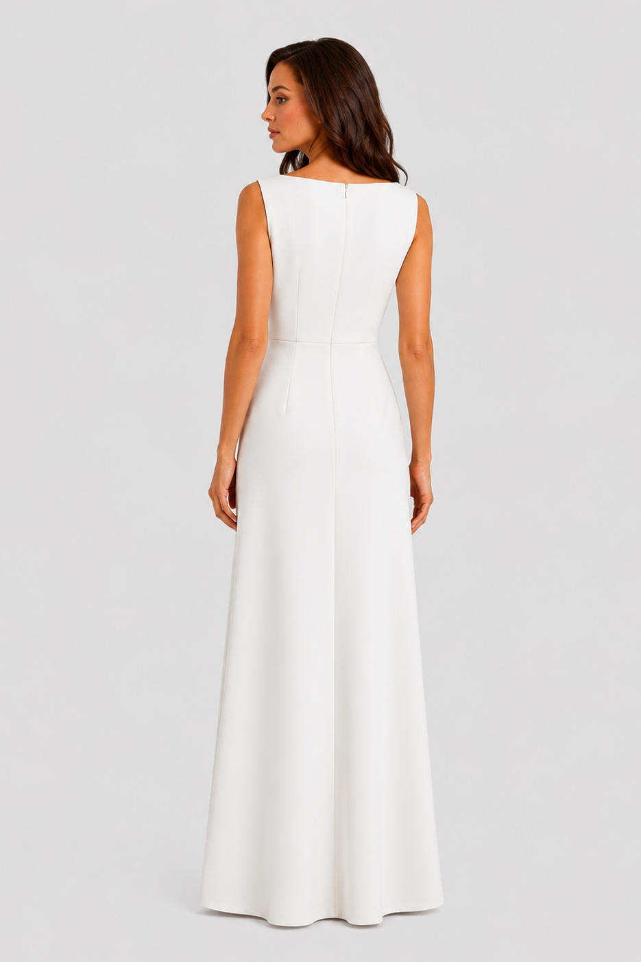 Women’s sleeveless maxi dress with boat neckline, draped waist detail, and wrap-style front panel