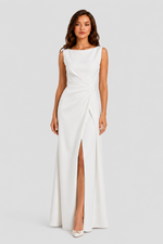 Women’s sleeveless maxi dress with boat neckline, draped waist detail, and wrap-style front panel
