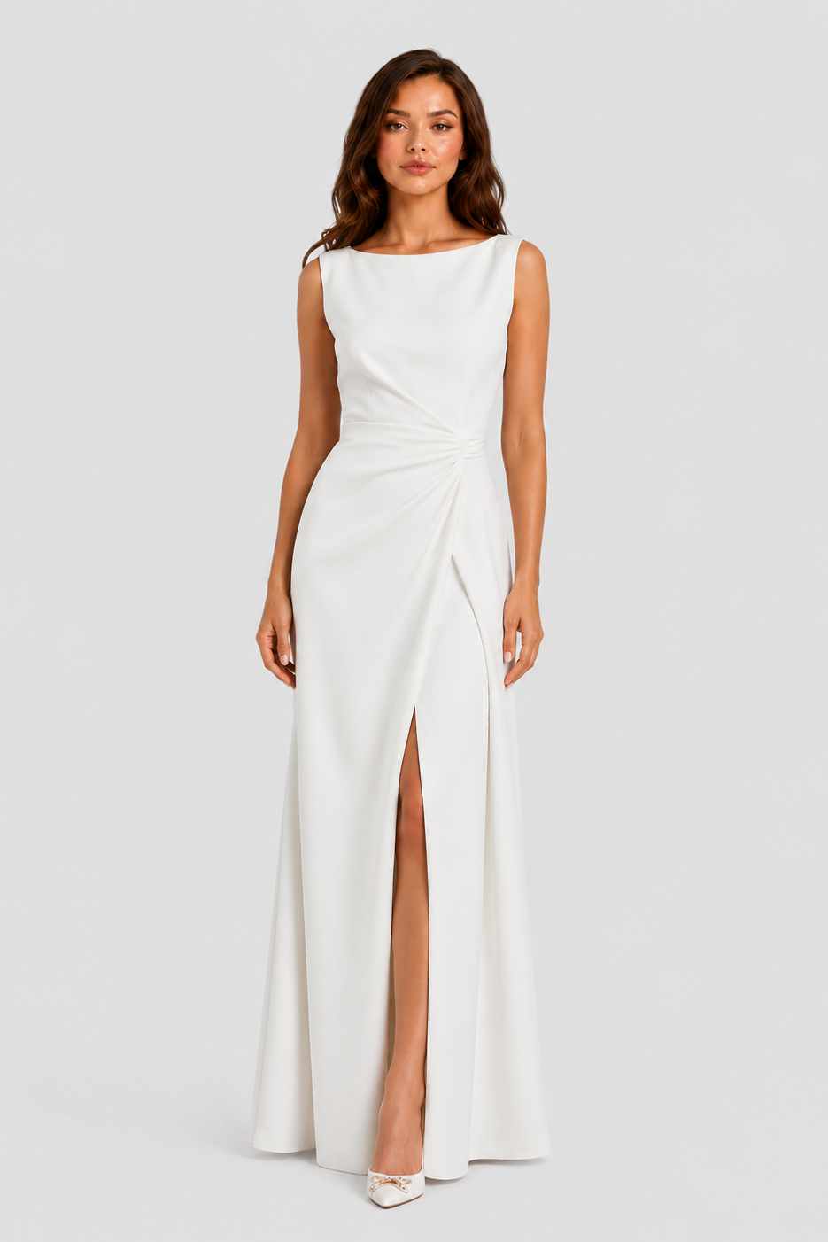 Women’s sleeveless maxi dress with boat neckline, draped waist detail, and wrap-style front panel