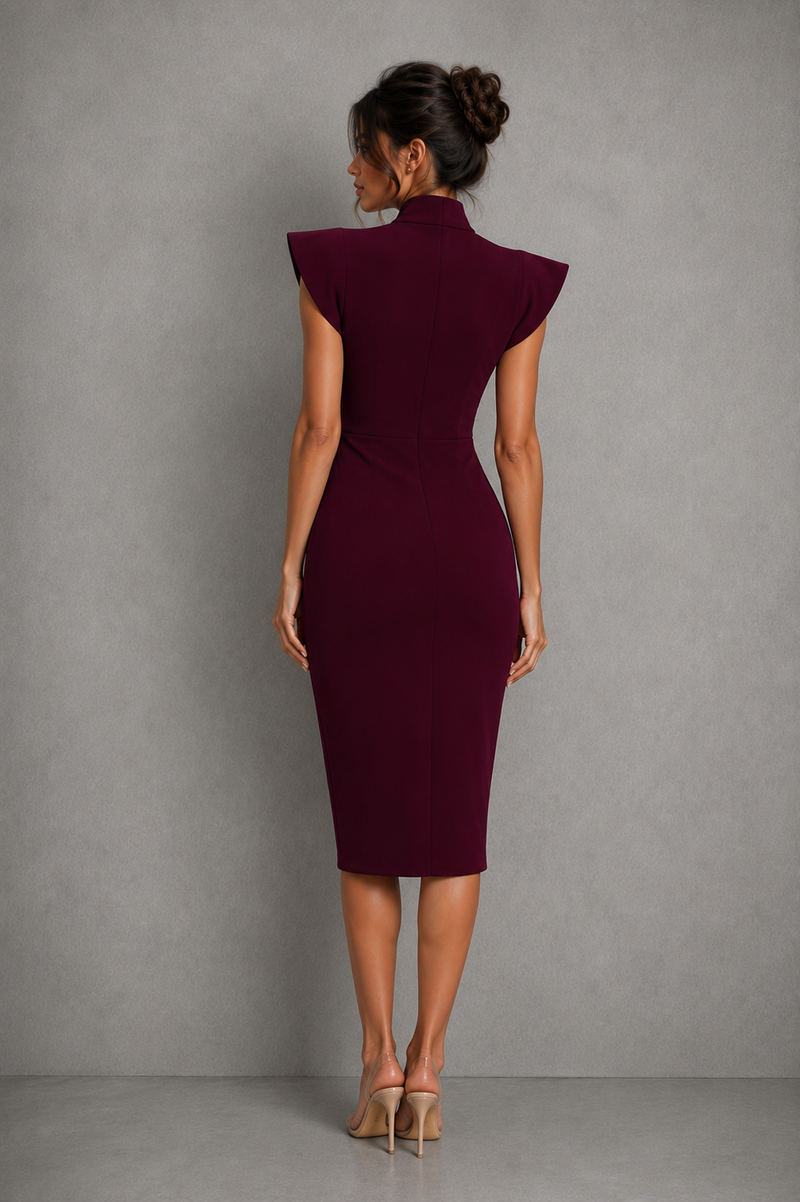 Women’s Stand Collar Bow Tie Midi Dress for Office & Occasion Wear
