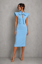 Women’s Stand Collar Bow Tie Midi Dress for Office & Occasion Wear