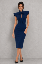 Women’s Stand Collar Bow Tie Midi Dress for Office & Occasion Wear