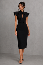 Women’s Stand Collar Bow Tie Midi Dress for Office & Occasion Wear