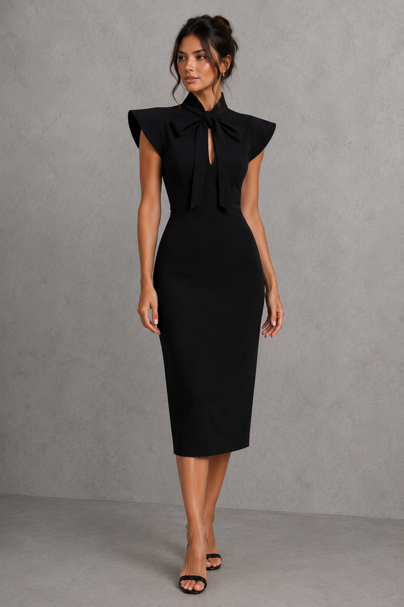 Women’s Stand Collar Bow Tie Midi Dress for Office & Occasion Wear
