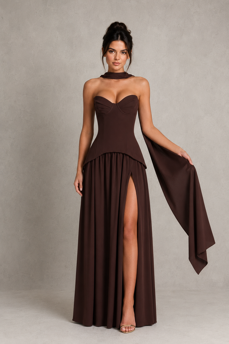 Woman wearing a brown strapless gown with a slit on a plain background
