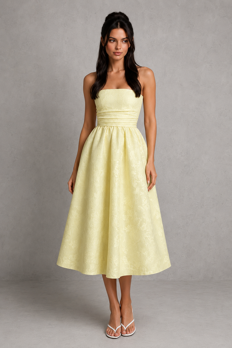 Women’s Strapless Floral Jacquard Midi Dress for Weddings & Special Occasions