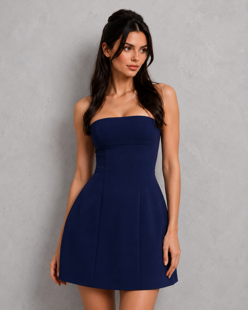 Woman wearing a navy strapless dress against a gray background