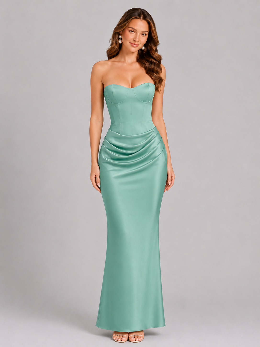 Woman wearing a strapless green gown on a gray background