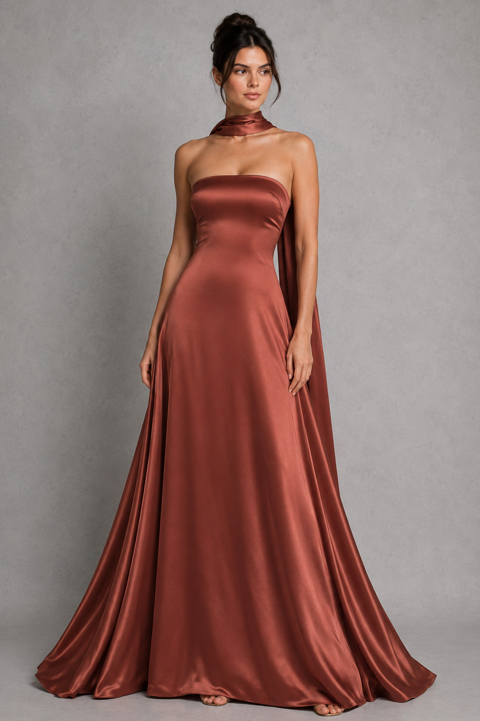 Woman wearing a strapless rust-colored gown against a gray background