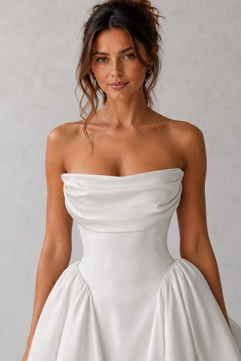 Woman wearing a strapless white wedding dress against a plain background
