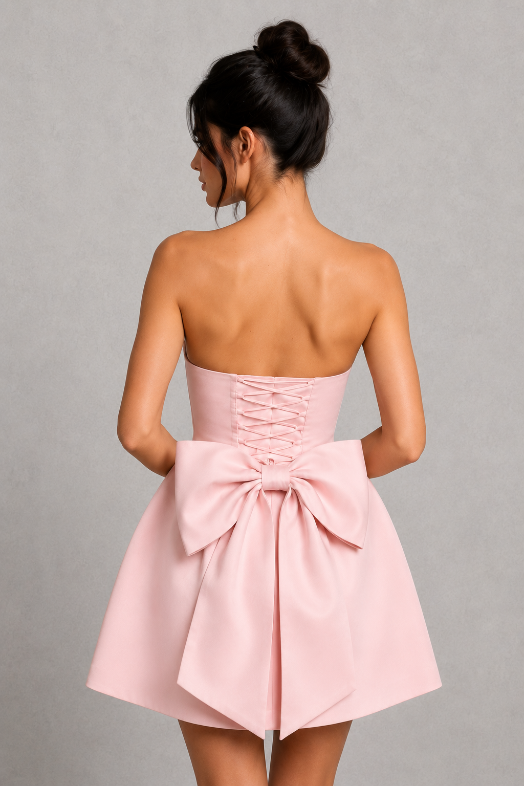 Woman wearing a pink strapless dress with a bow detail on a gray background
