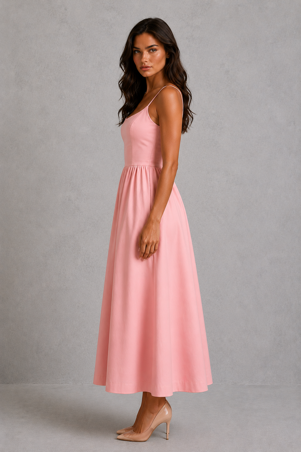 Woman wearing a pink dress against a gray background