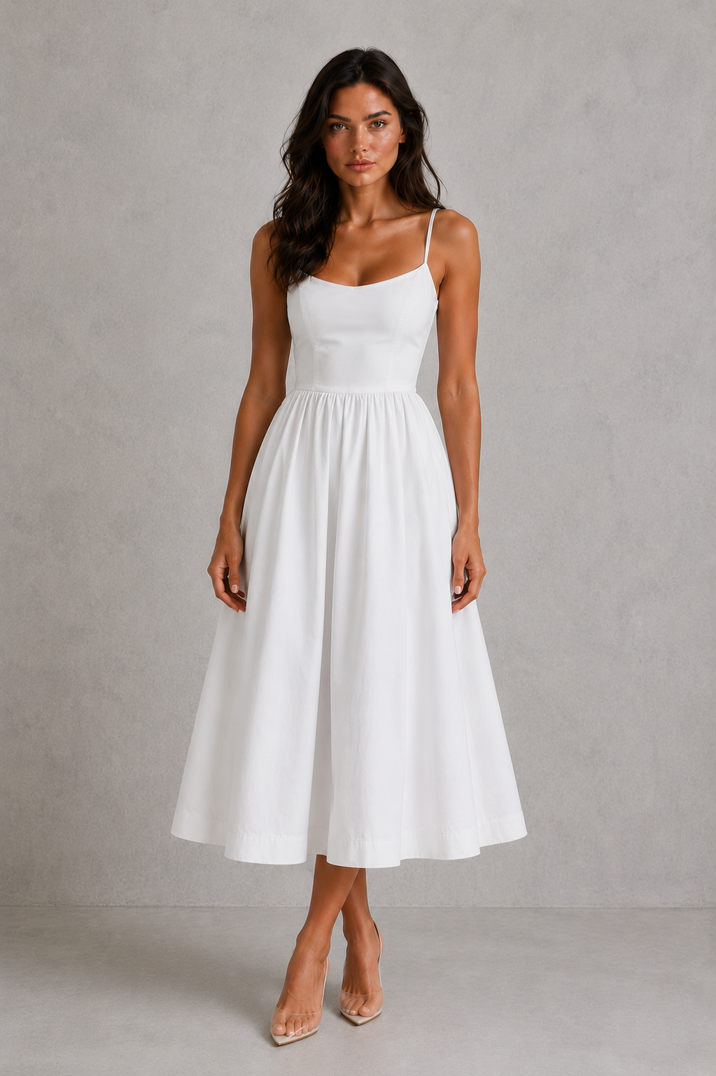 Woman wearing a white dress against a plain background