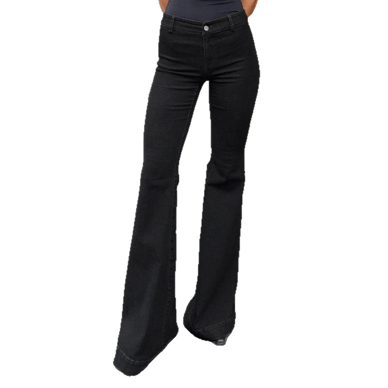 Black flared jeans on a white background