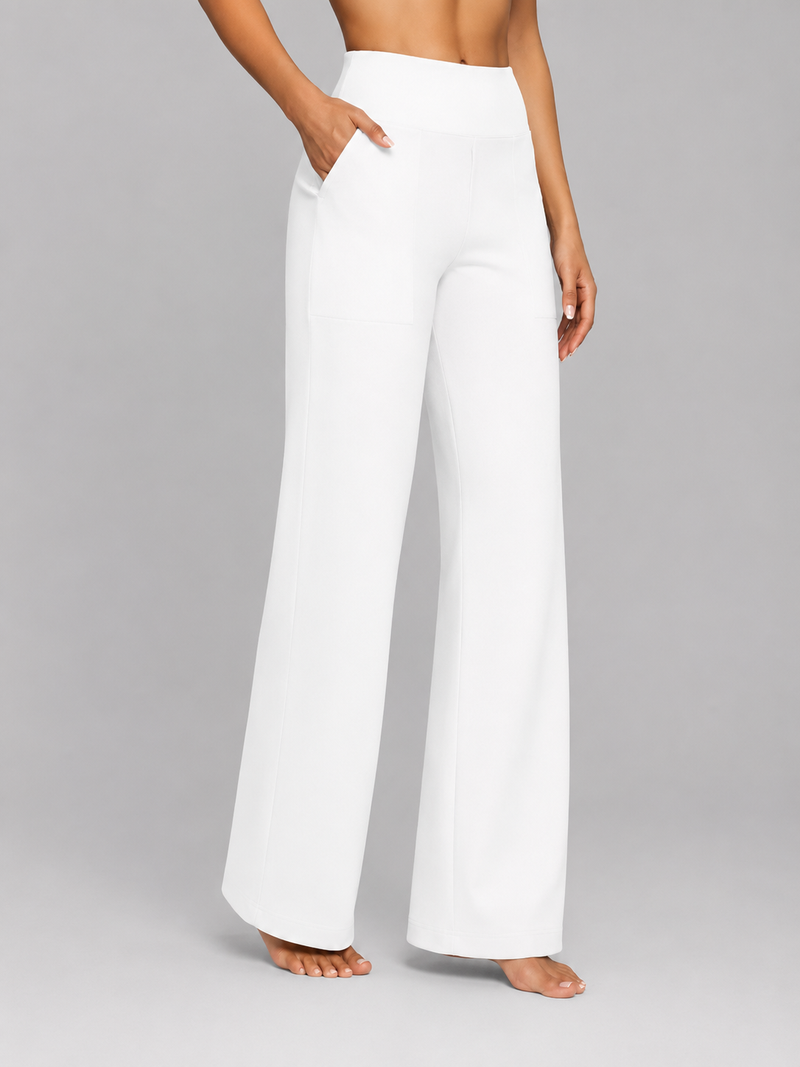 White wide-leg pants worn by a person on a gray background
