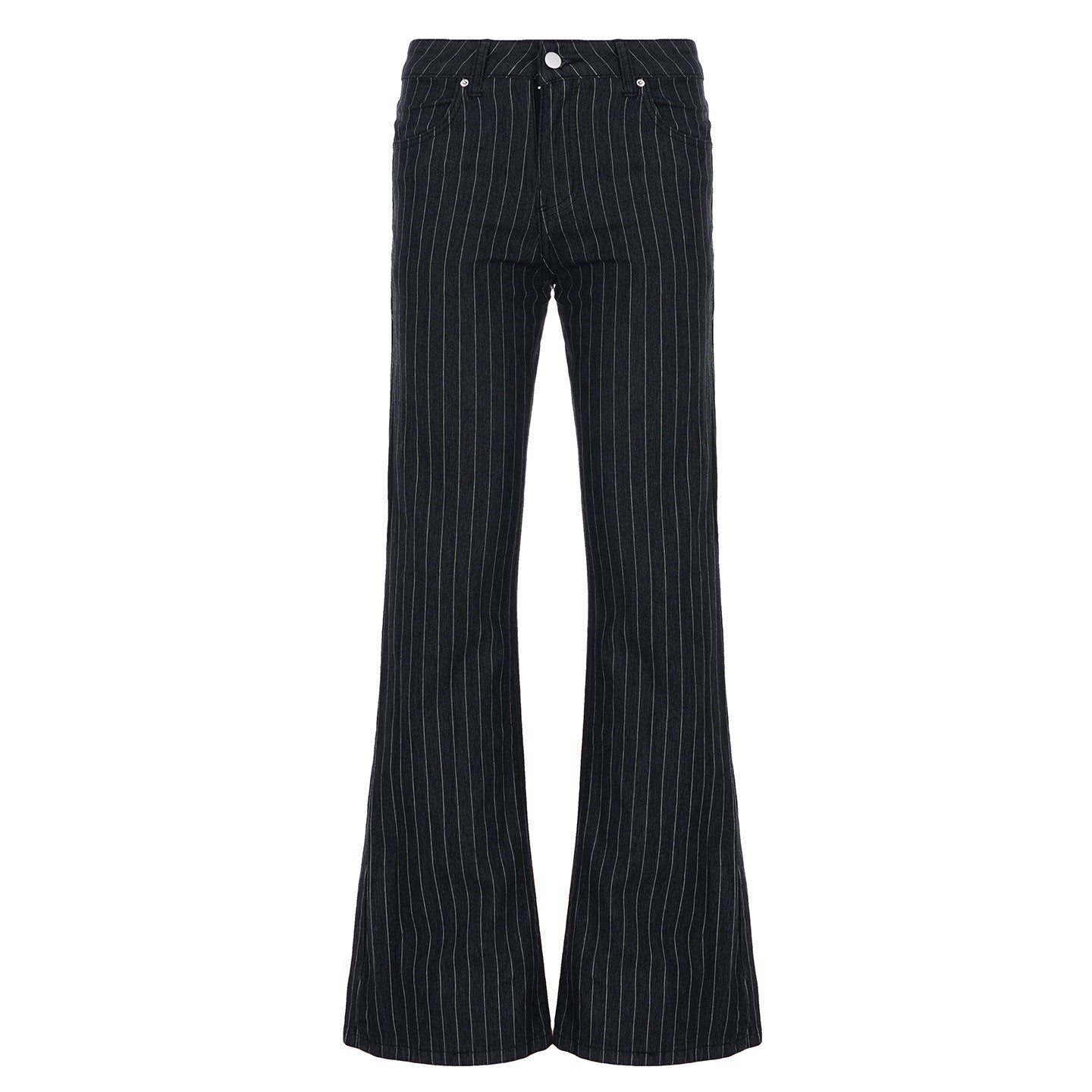 Black pinstripe flared pants on a white background