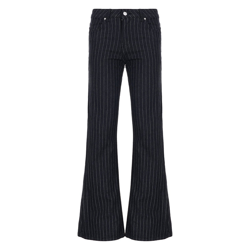 Black pinstripe flared pants on a white background
