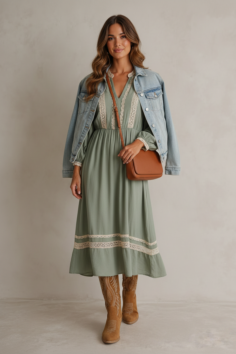 Woman wearing a white blouse, floral skirt, and brown cowboy boots against a plain background