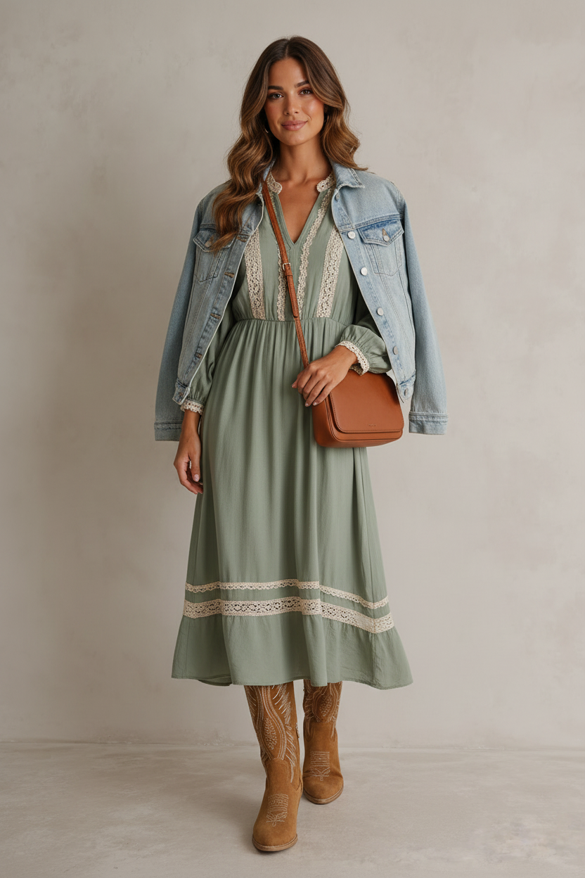 Woman wearing a white blouse, floral skirt, and brown cowboy boots against a plain background