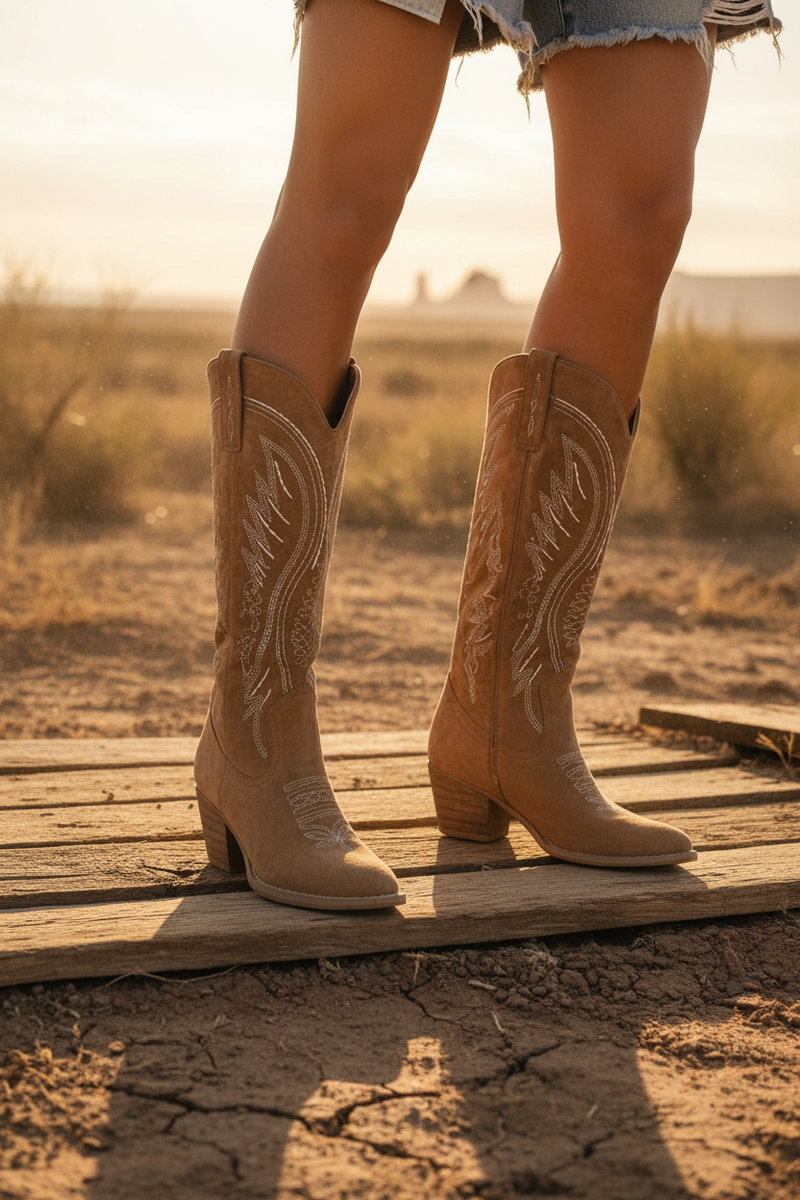 Tan cowboy boots with detailed design on a neutral background