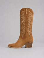 Tan cowboy boot with detailed design on a gray background