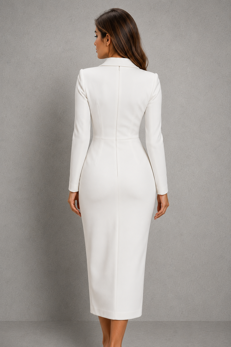 Women’s Tailored Lapel Neck Knee-Length Dress with Button Detail for Business & Formal Wear