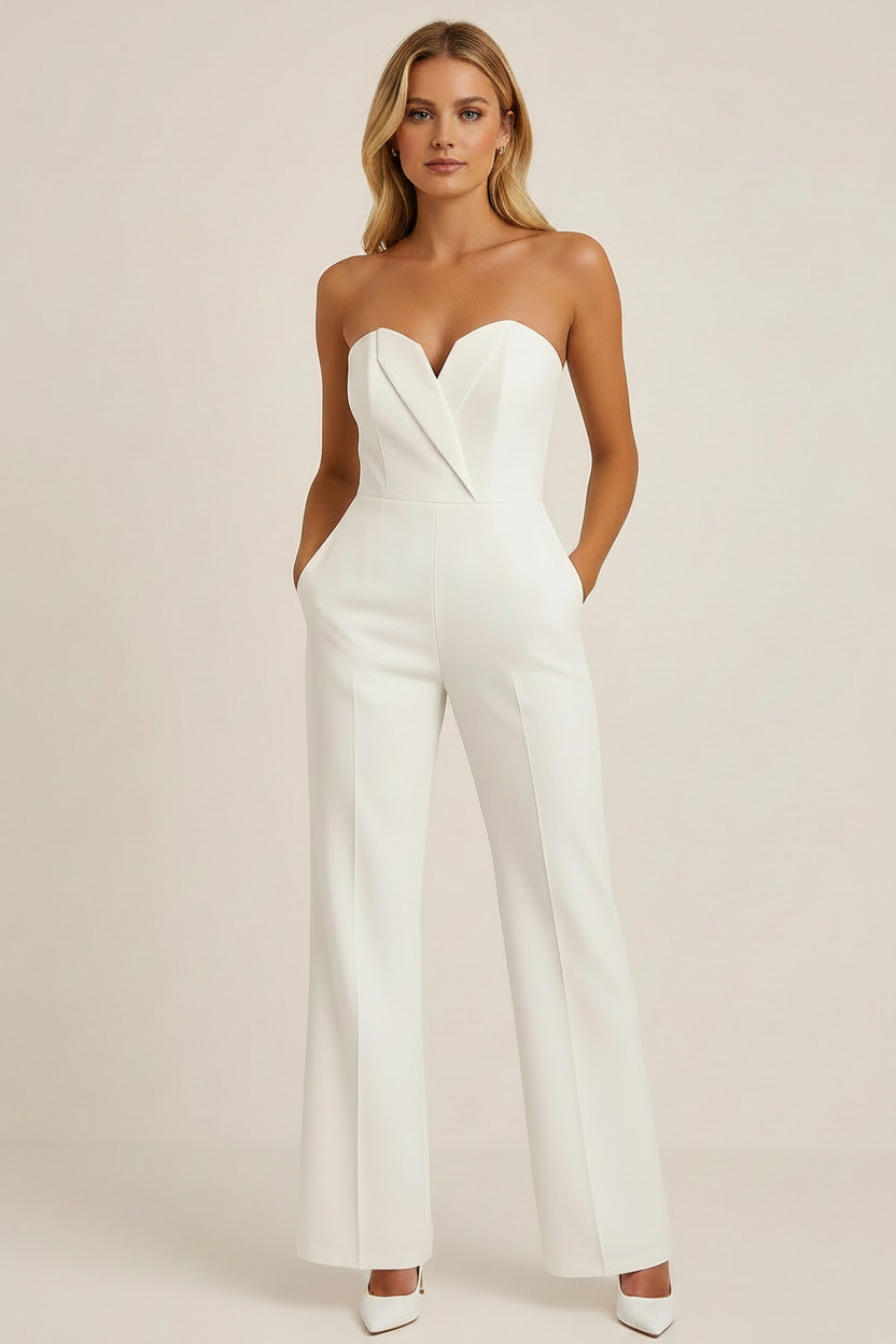 Women’s tailored wide leg jumpsuit with structured bodice and flowing trousers