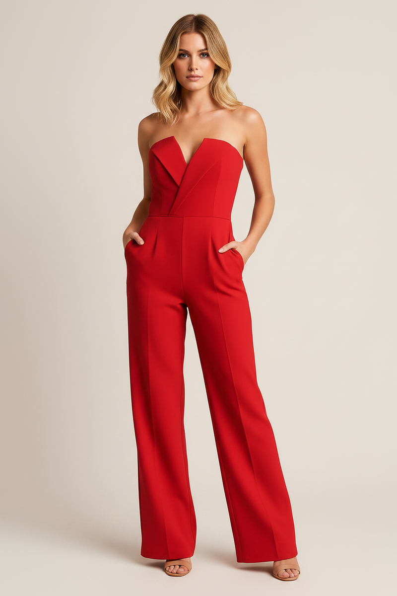 Women’s tailored wide leg jumpsuit with structured bodice and flowing trousers