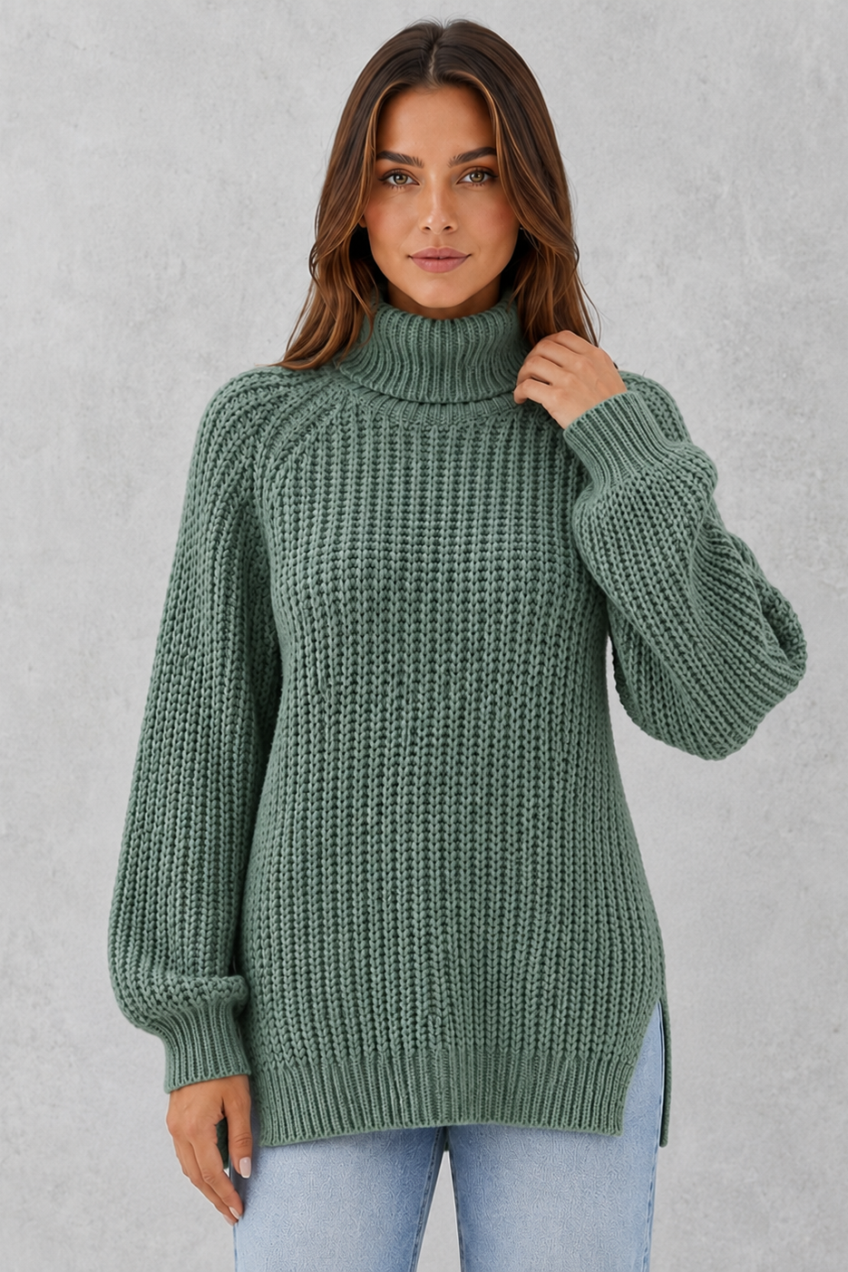 Woman wearing a green knitted sweater against a gray background