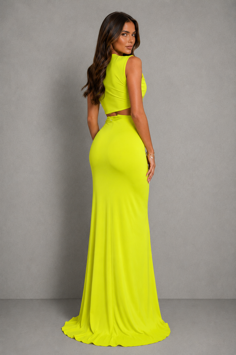 A woman modeling a bright neon yellow two-piece dress with a sleeveless crop top and a matching floor-length skirt, shown from the back against a gray studio backdrop.