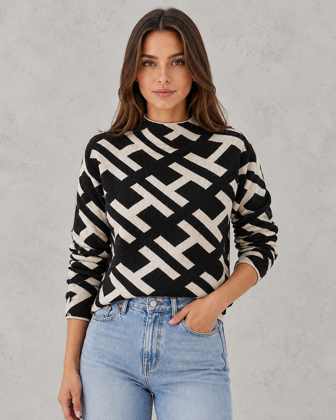 Woman wearing a black and white geometric patterned sweater with light blue jeans against a gray background