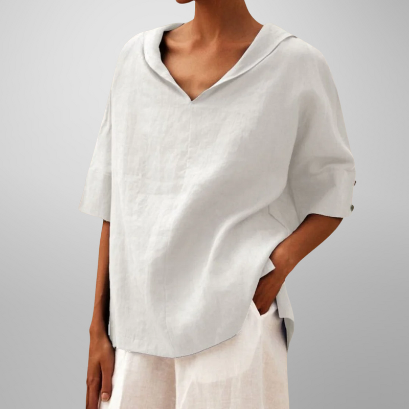 Women’s V-neck collared relaxed fit blouse with soft drape