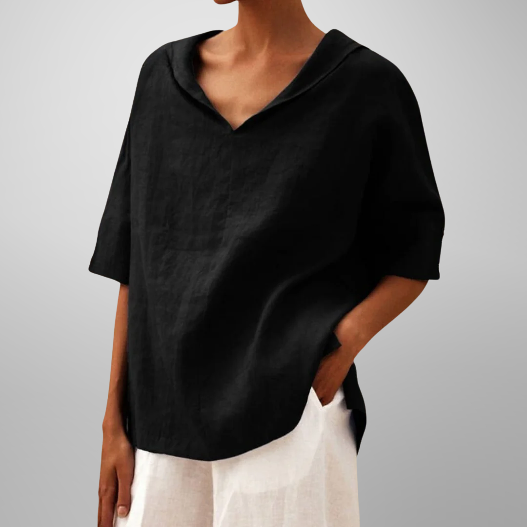 Women’s V-neck collared relaxed fit blouse with soft drape