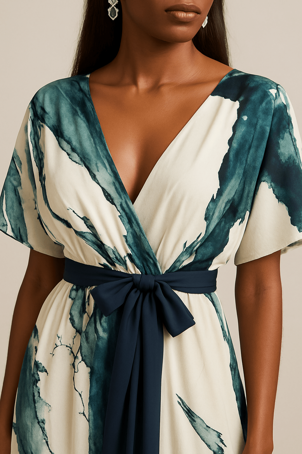 Woman wearing a green and white patterned dress with a navy belt against a neutral background
