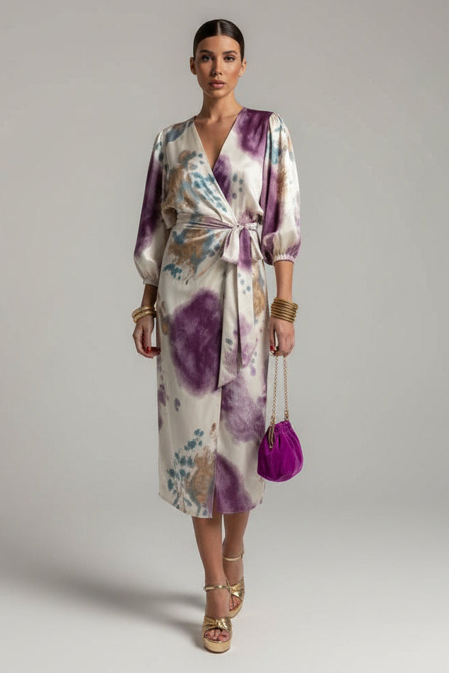 Woman wearing a floral dress with purple accents, holding a matching handbag against a plain background