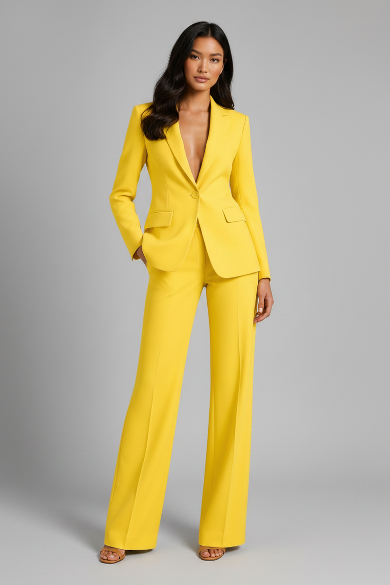 Woman wearing a bright yellow suit against a gray background