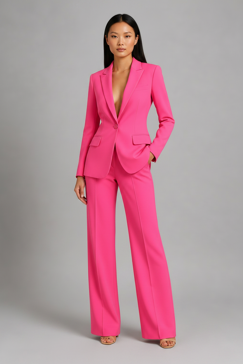 Woman wearing a bright pink suit against a gray background