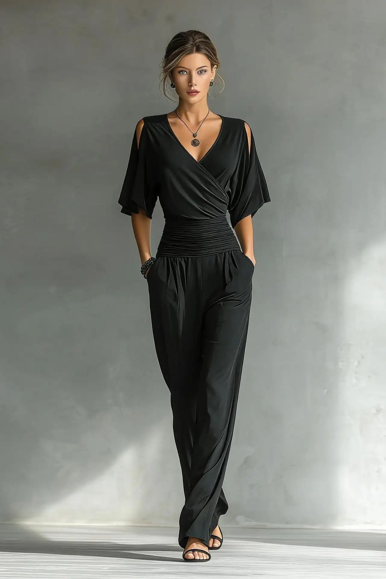 Woman wearing a black jumpsuit against a gray background
